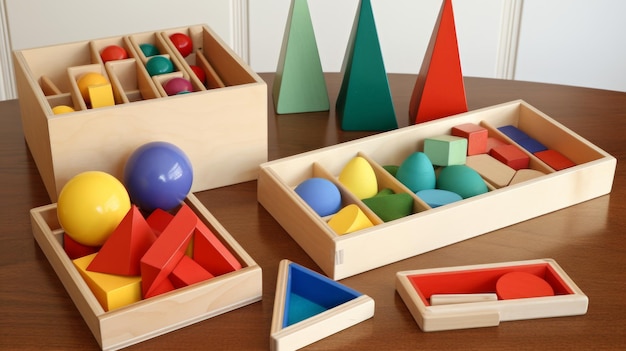 Photo collection de jouets en bois pour enfants matériel montessori ia générative