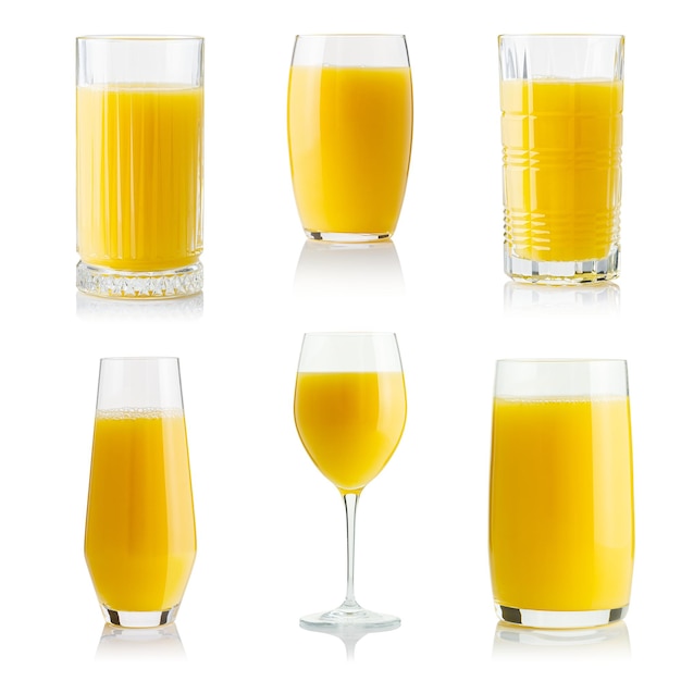 Photo collection de jus d'orange dans différents verres, chemins de détourage séparés pour chaque verre