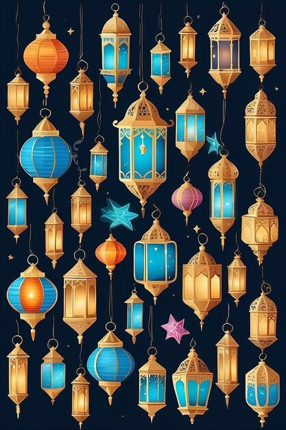 Photo une collection de lanternes pour le ramadan kareem sur un fond bleu