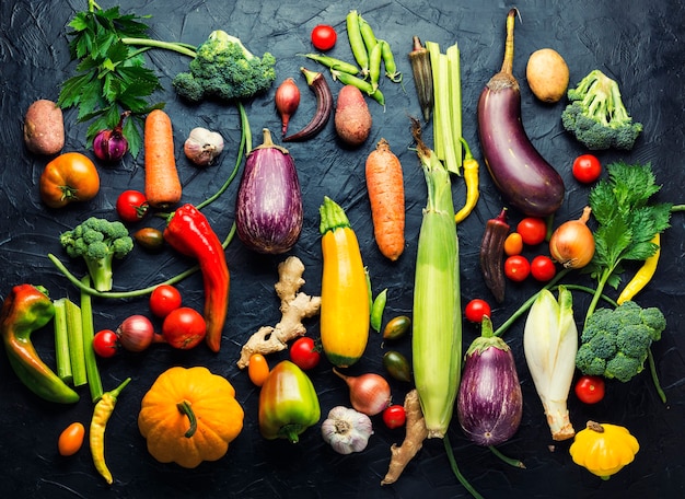 Collection de légumes frais d'été et d'automne. Assortiment de crudités. Vue de dessus