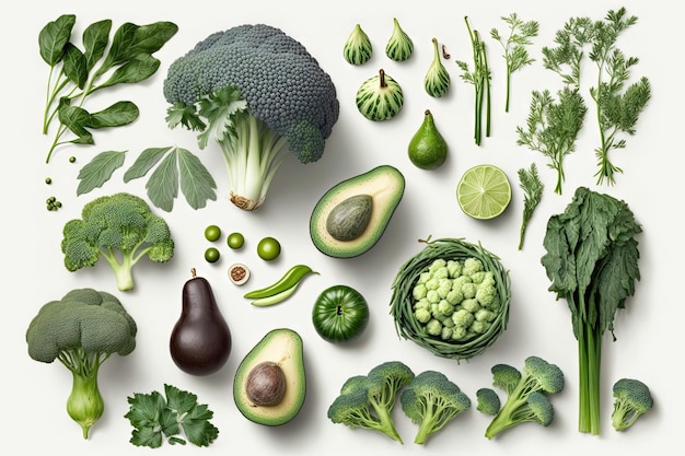 Collection de légumes verts sur fond blanc illustration générative ai