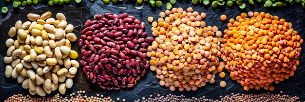 Photo une collection de légumineuses une riche variété de haricots et de lentilles exposés dans un cadre rustique prêts pour des repas nutritifs