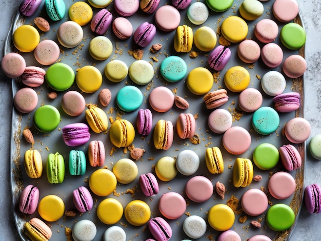 Une collection de macarons colorés se trouve sur une surface grise.