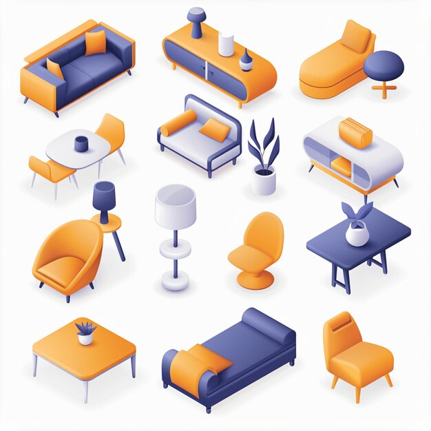 Photo une collection de meubles différents, y compris un canapé, une chaise et une table