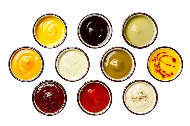 Photo collection minimaliste de différentes sauces dans des bols vue de haut isolés sur transparent