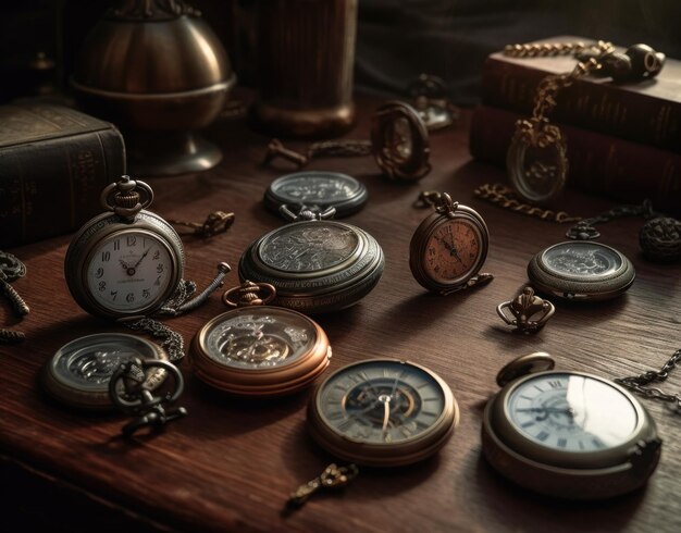 Une collection de montres anciennes sur une table avec un livre et un livre.