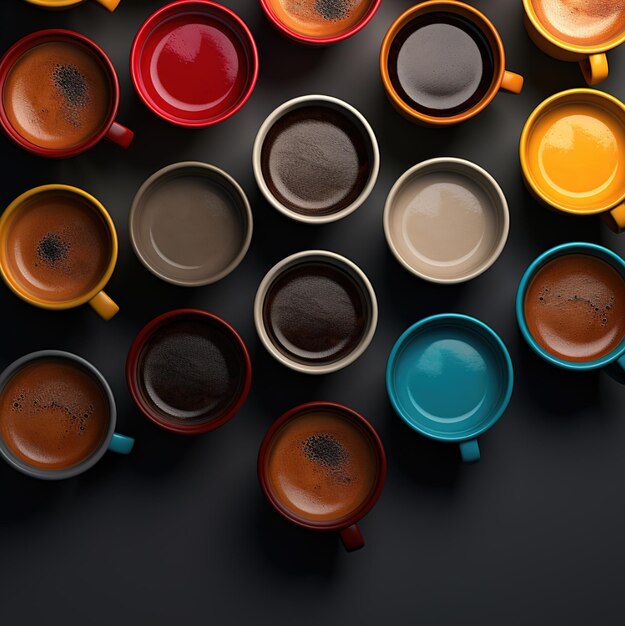 une collection de mugs colorés avec le mot « café » en bas.