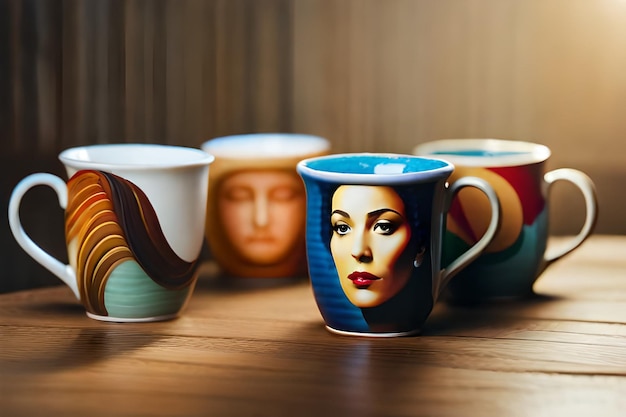 Une collection de mugs avec le visage dessus