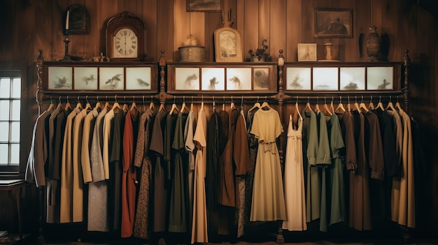 Une collection nostalgique de vêtements vintage disposés dans un cadre de boutique classique avec une décoration antique