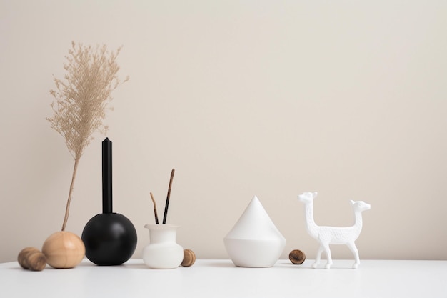 Une collection d'objets en céramique blanche sur une table blanche.