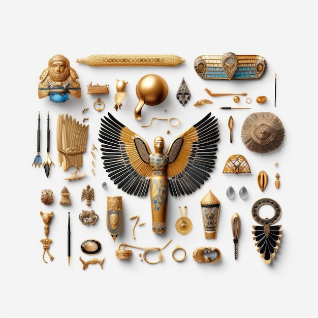Photo une collection d'objets égyptiens anciens dont un aigle d'or et une femme ailée.