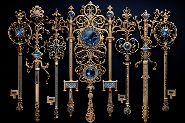 une collection d'objets en laiton et en laiton, y compris une horloge avec le mot " royal " sur le dessus