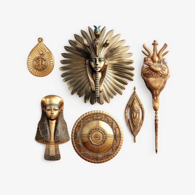 Une collection d'objets en or et en argent dont une coiffe égyptienne et une plume.
