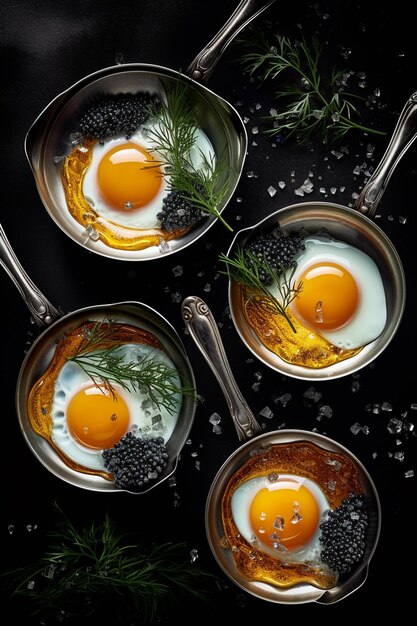 Une collection d'œufs dans des casseroles avec des mûres et de l'aneth dessus