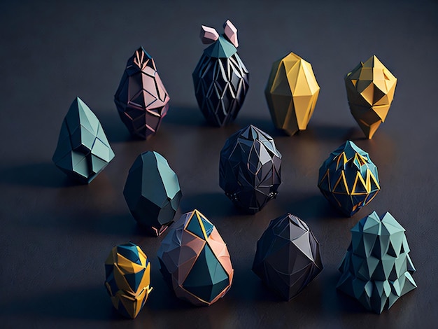 Une collection d'œufs en origami de différentes couleurs et formes.