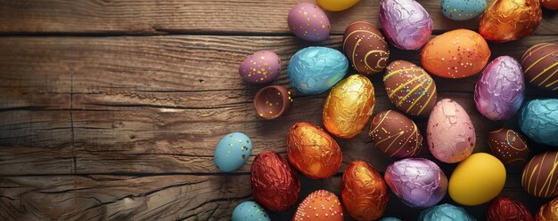 Une collection d'œufs de Pâques au chocolat de gourmet sur un décor de bois rustique célébrant les joies de la saison