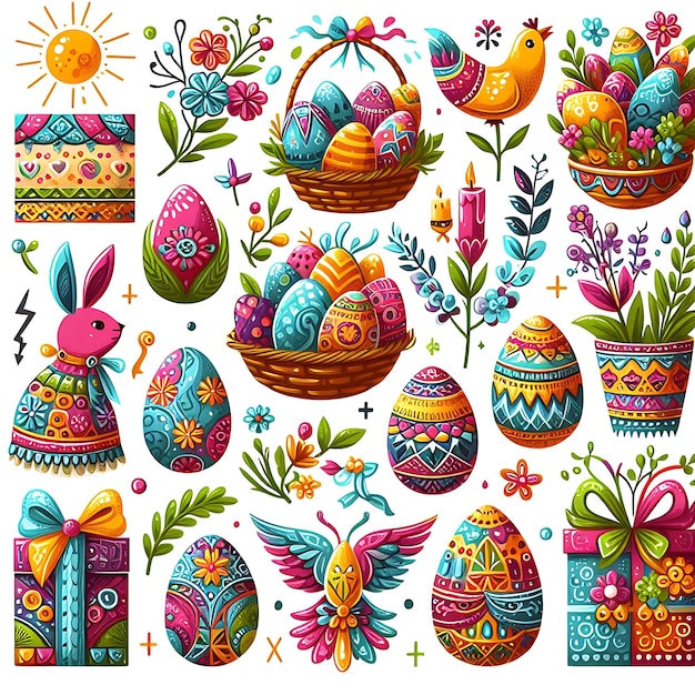 une collection d'œufs de Pâques colorés et un panneau disant Pâques
