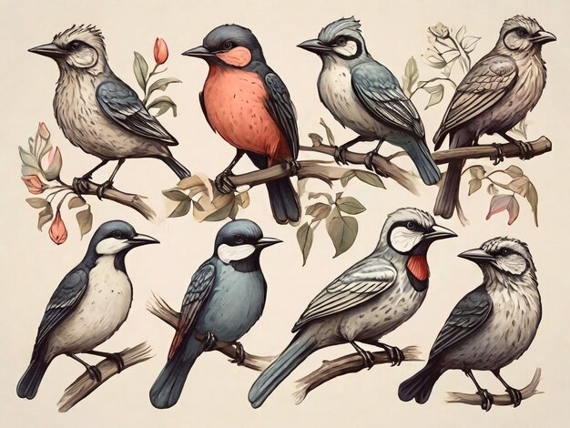 Photo collection d'oiseaux dessinée à la main