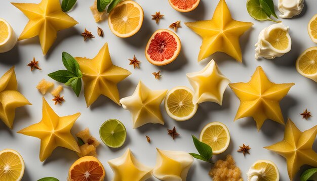 une collection d'oranges étoiles de mer et de limes sont affichées sur un fond blanc