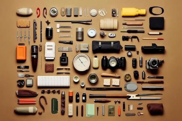 Photo une collection d'outils comprenant une montre, une montre et une horloge.