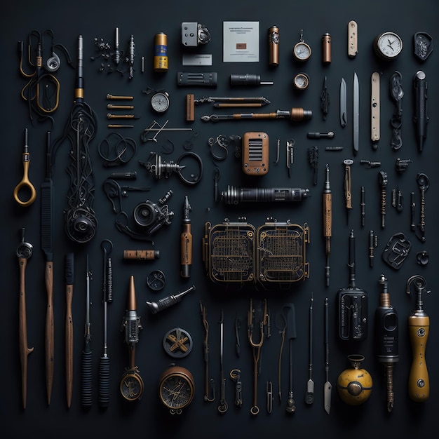 Une collection d'outils comprenant une montre, une montre, une montre, une montre et une boîte.