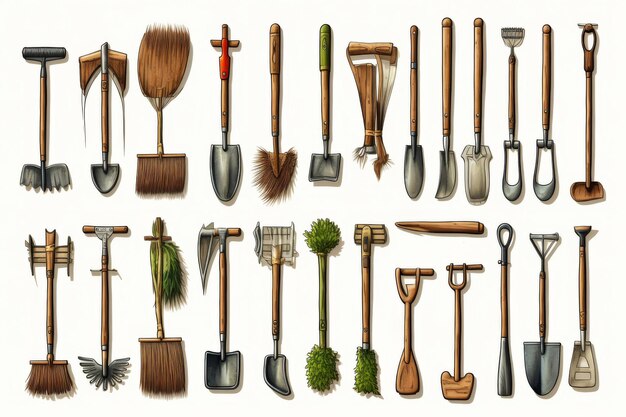 Collection d'outils de jardinage sur fond blanc