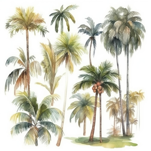 Collection de palmiers aquarelle dessinés à la main paradis tropical IA générative