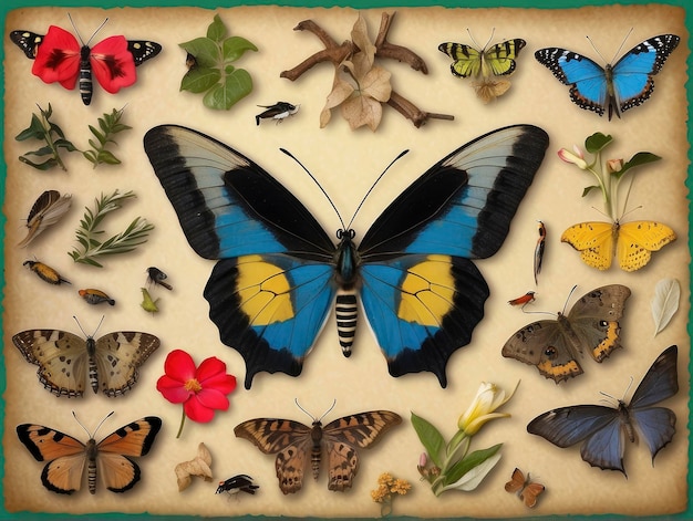 Photo une collection de papillons et autres insectes sur fond de papier avec une bordure verte