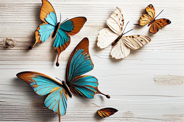 Une collection de papillons sur un fond en bois blanc