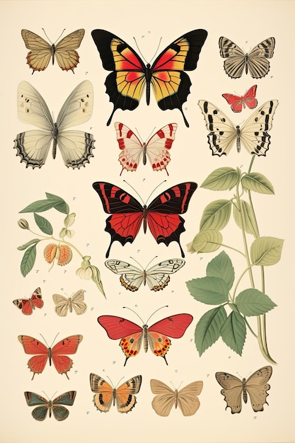 Collection de papillons d'illustration botanique vintage