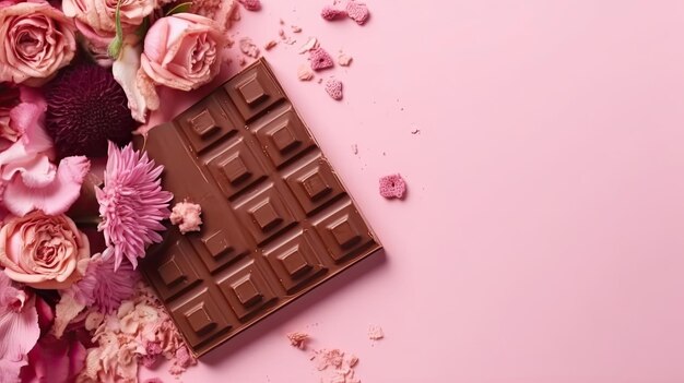 Une collection de pépites de chocolat et de fleurs roses sur fond pastel rose