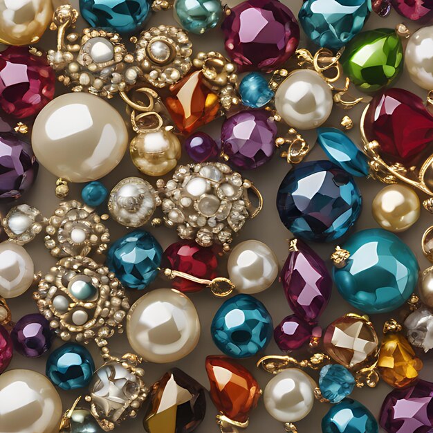 une collection de perles colorées dont une qui a une chaîne d'or