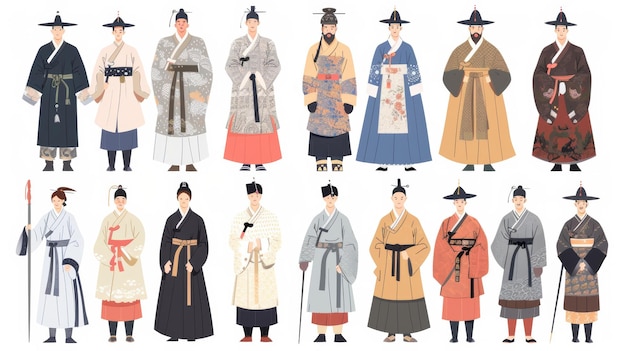 Une collection de personnages en costume traditionnel coréen, y compris des serviteurs de rois et des nobles, les illustrations sont dessinées à la main dans un style qui imite la peinture traditionnelle coréenne et chinoise.