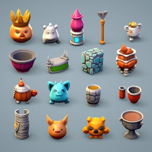 Une collection de personnages différents, dont un chat, une théière et une tasse avec un couvercle bleu.