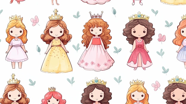 Une collection de petites filles mignonnes avec différentes princesses sur leurs chemises.