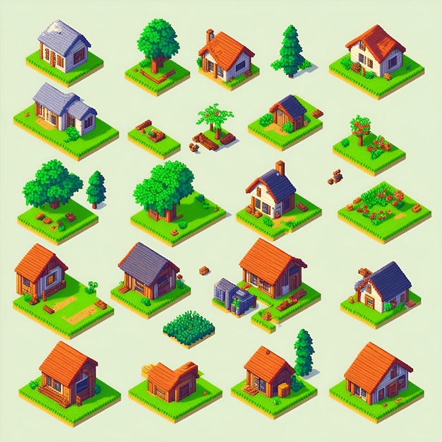 Une collection de petites maisons avec un toit rouge et un arbre au milieu.