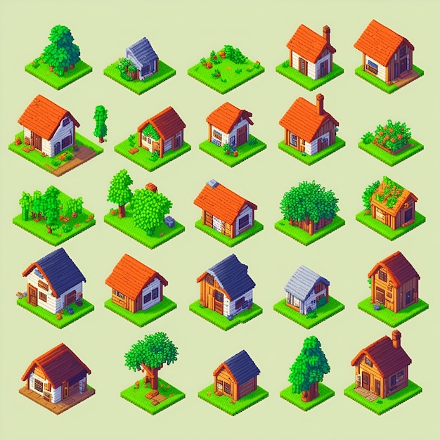 Une collection de petites maisons avec un toit rouge et un arbre au sommet.