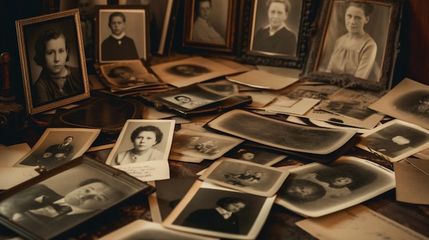 Une collection de photographies anciennes sur une table avec une photo en noir et blanc d'une femme et d'un homme.