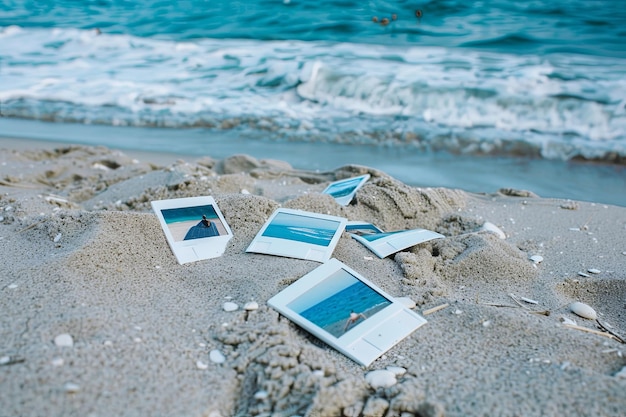 Une collection de photos éparpillées sur la plage de sable par l'eau azur