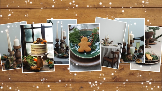 Collection de photos de Noël dans des tons gris-vert avec décor de table sur fond marron en bois. espace de copie