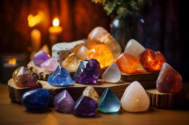 une collection de pierres précieuses se trouve sur une table en bois.