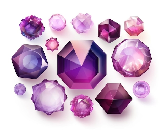 Une collection de pierres précieuses violettes sur un fond blanc.