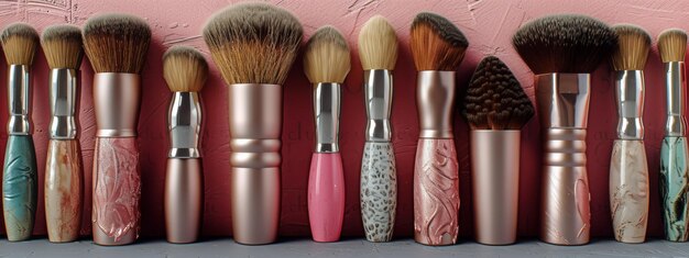 Une collection de pinceaux de maquillage contre un mur rose