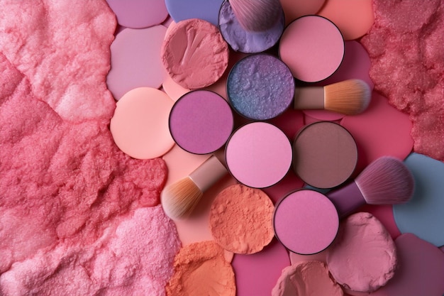 Une collection de pinceaux de maquillage et un fond rose