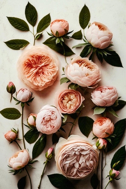 Une collection de pivoines avec des feuilles sur fond blanc.