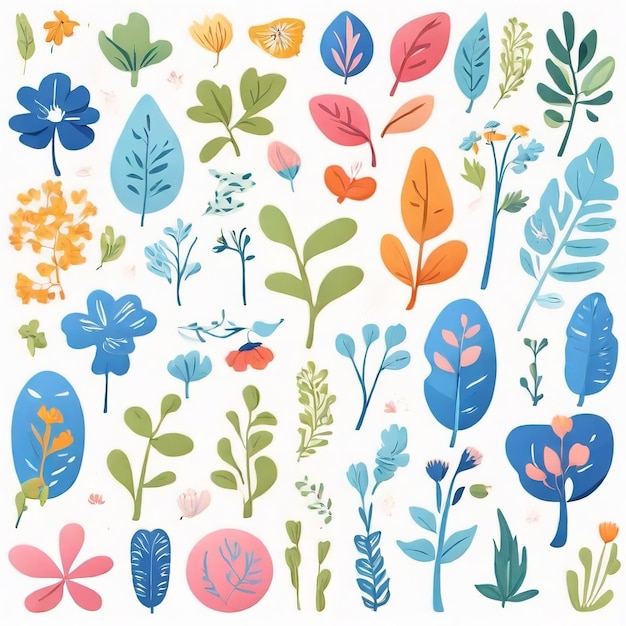 Une collection de plantes et de fleurs abstraites colorées dessinées à la main