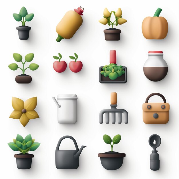 une collection de plantes et de pots avec un fond blanc