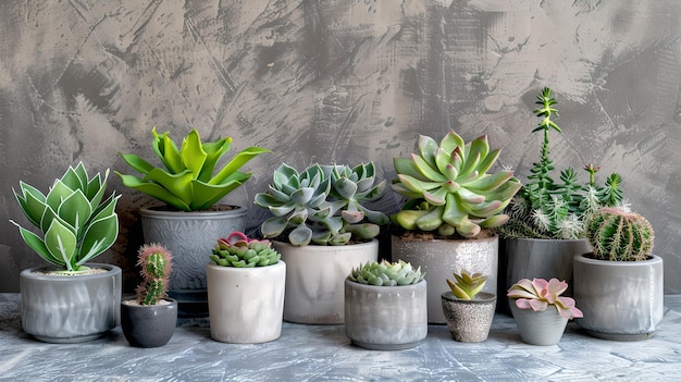 Une collection de plantes succulentes en pot affichée sur une table Un tableau de verdure dans le style parfait pour l'IA de décoration minimaliste et moderne
