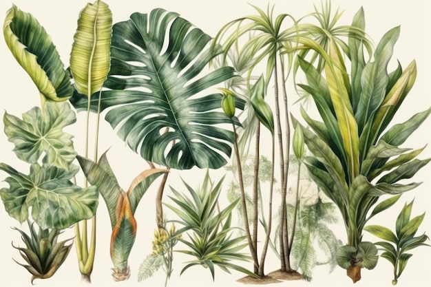 Une collection de plantes tropicales comprenant une variété de plantes.