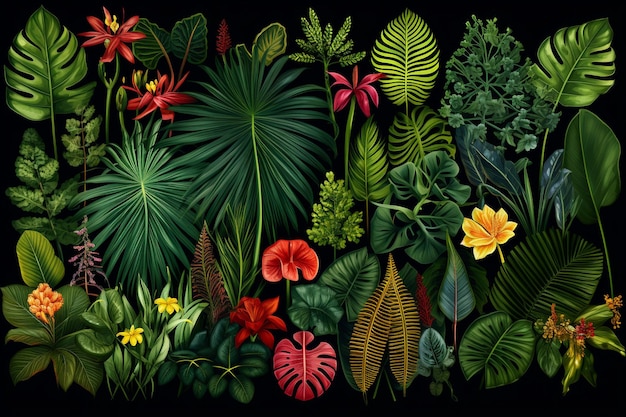 Photo une collection de plantes tropicales avec des feuilles sur fond sombre